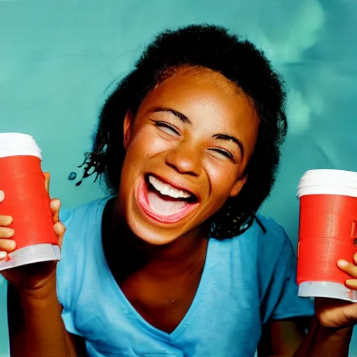 Prompt: retro 90s granular polaroid outdoors photo of an African American rapper, laughing, drinking from a plastic cup, flash photography, image artifacts