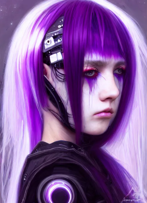 Image similar to hair whitebangs hair, black cyberlox, portrait of normal teenage girl with white bangs, messy bangs, cyberlox, whitebangs, red irises, purple clothes, intricate, elegant, glowing lights, highly detailed, digital painting, artstation, concept art, sharp focus, smooth, illustration, art by wlop, mars ravelo and greg rutkowski