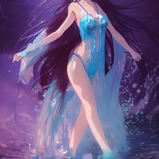 Image similar to a very beautiful anime girl wearing a dress made of water standing in a crystal lake , full body, very long black hair, azure blue watery eyes, full round face, seductive stare, cinematic lighting, medium shot, mid-shot, highly detailed, trending on artstation, Unreal Engine 4k, Stanley Artgerm Lau, WLOP, Rossdraws, James Jean, Andrei Riabovitchev, Marc Simonetti, and Sakimichan