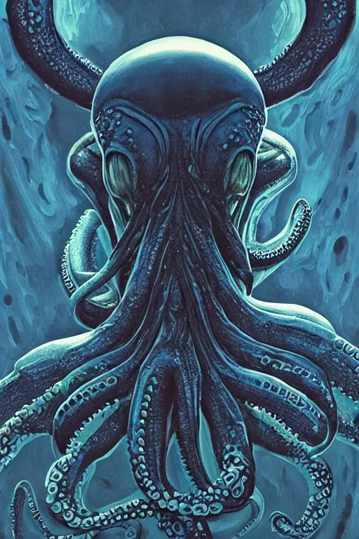 Prompt: digital portrait of octopus alien in the style of alien xenomorph, blue glow, machine face, intricate, elegant, highly detailed, digital painting, artstation, concept art, smooth, sharp focus, illustration, art by artgerm and greg rutkowski and hr giger, zdzisław beksinski, horror, slimy, blue glow 8 k