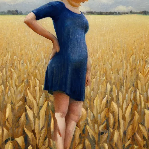 Prompt: a portrait of a posed petite blonde woman in a cornfield, great body, 1 9 2 0 s, oil painting, pale colors, high detail, 8 k, wide angle, trending on artstation,