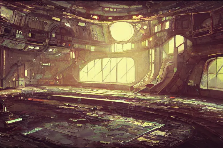 Image similar to A beautiful painting of inside in abandoned rusty space station from kindzadza, Trending on artstation.