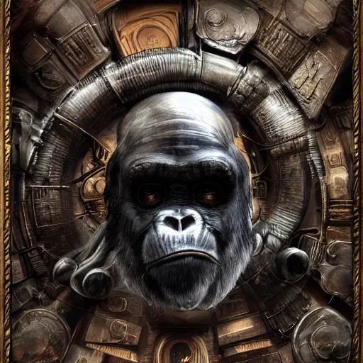 Image similar to Steam computer in ancient time occupied by apes, highly detailed, highly realistic, artstation, by Hans Giger