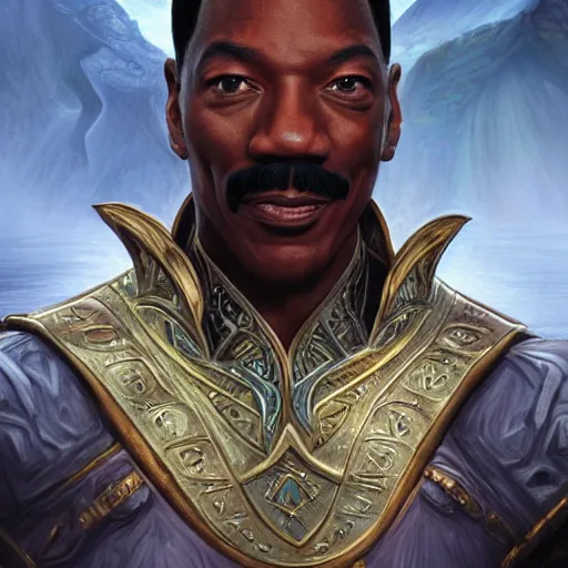 Image similar to eddie murphy as teferi, in the style of magic the gathering, glacier landscape, d & d, fantasy, intricate, elegant, highly detailed, digital painting, artstation, concept art, matte, sharp focus, illustration, art by artgerm and greg rutkowski and alphonse mucha