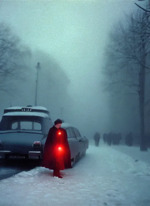 Prompt: emma getting out of taxi in winter, faded color film, russian cinema, tarkovsky, kodachrome, heavy fog, 4 k, dramatic lighting, greg rutkowski