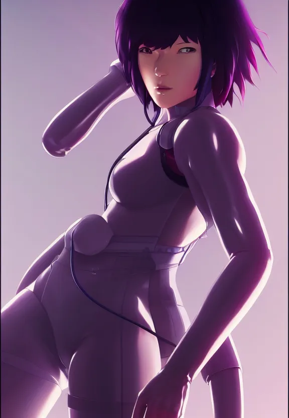 Image similar to a fullbody portrait of motoko kusanagi the major ghost in the shell : : connected to cables, under repairs, maintenance area, technicians : : by ilya kuvshinov, rossdraws, artgerm, sola digital arts, anti aliasing, raytracing : :