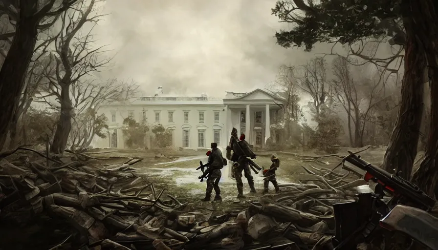 Image similar to lumberjack and soldiers with shotgun and rifles exploring destroyed white house, cloudy day, light through windows, hyperdetailed, artstation, cgsociety, 8 k