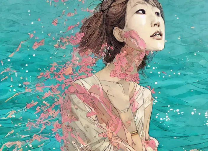 Image similar to lee jin - eun in luxurious dress emerging from turquoise water in egyptian pyramid city during an eclipse by conrad roset, m. k. kaluta, martine johanna, rule of thirds, elegant look, beautiful, chic, face anatomy, cute complexion