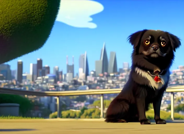 Image similar to a wholesome animation key shot of a black tibetan spaniel, perth city in the background, studio ghibli, pixar and disney animation, sharp, rendered in unreal engine 5, anime key art by greg rutkowski, bloom, dramatic lighting