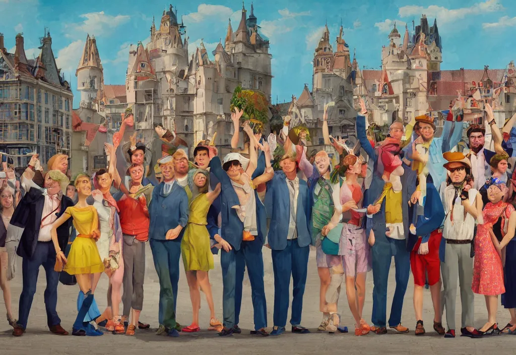 Image similar to full body portrait of a group, a row of a several european tourists getting off a tour bus, standing with a variety of poses and props, several character designs, sightseeing, a detailed painting, in the style of wes anderson, lola dupre, david hockney, isolated on negative white space background dark monochrome neon spraypaint accents volumetric octane render