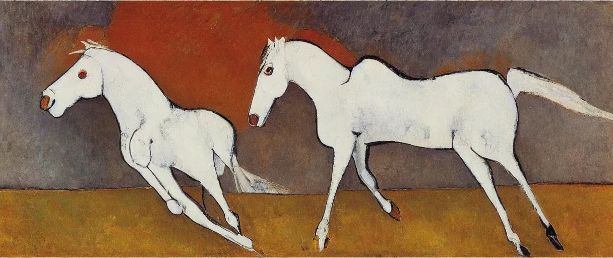 Prompt: a white horse galloping across the prairie, by amedeo modigliani