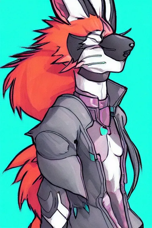 Image similar to a cyberpunk anthropomorphic fox with a fluffy tail, comic art, trending on furaffinity, cartoon, kawaii, backlighting, furry art!!!, neon