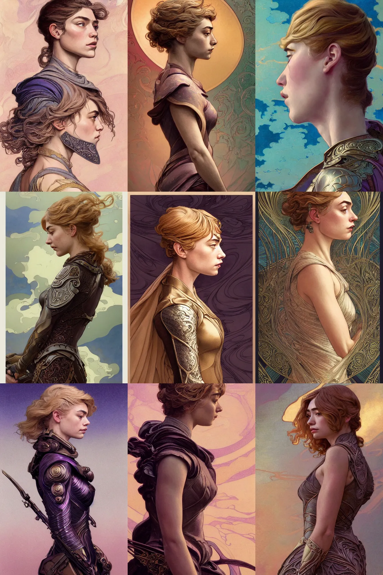 Prompt: side profile portrait, imogen poots paladin, by eve ventrue, andreas rochas, john watkiss, artgerm. art nouveau. tarot card by mucha. gloomhaven. swirly intricate ripples. gaudy colors, sharp edges. ultra clear detailed. 8 k. elegant. octane render