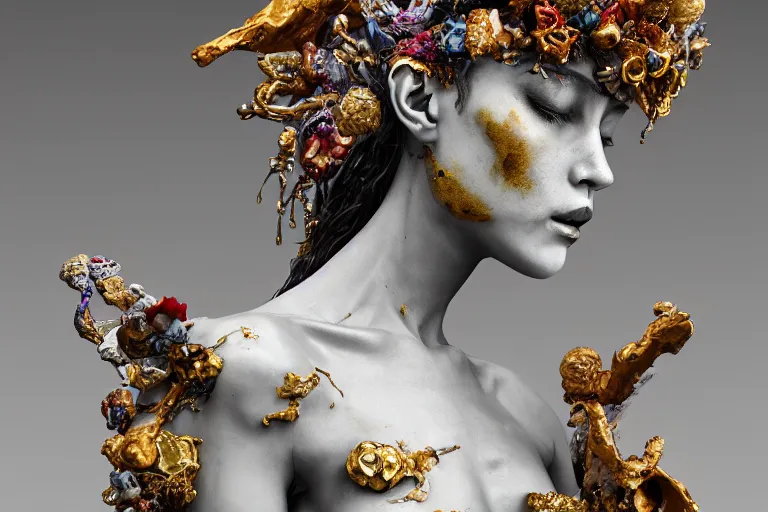 Image similar to Cinestill of A heartbreaking realistic 8k Bernini Sculpture of a stunning intricate cracked multicolored milky cosmic marble Evangelion Fallen Angel Devil Queen adorned in sentient mycelium mystical jewelry and ancient Empress crown and misty xparticles. by Yoshitaka Amano, Daytoner, Greg Tocchini, Scattered golden flakes, Hyperrealism. Subsurface scattering. Octane Render. Weirdcore