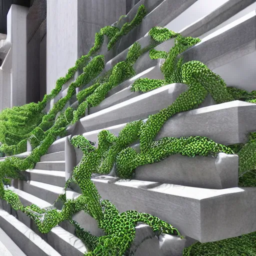 Prompt: a set of stairs with vines growing up them, a raytraced image by Tadao Ando, flickr contest winner, environmental art, streetscape, vray, national geographic photo