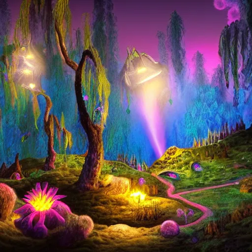 Image similar to airbrushed painting bioluminescent alien mountain landscape with strange glowing plants detailed with waterfalls and flowers and willow trees 4 k