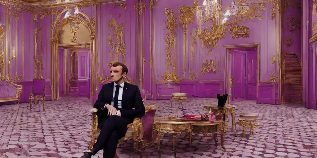 Image similar to still of Emmanuel Macron in The Grand Budapest Hotel (2014), cinematic