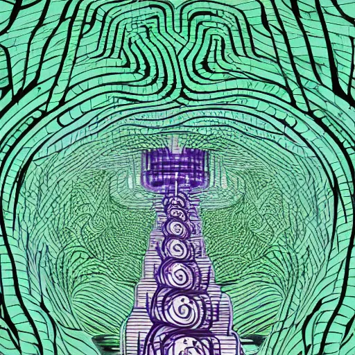 Image similar to all watched over by machines of loving grace. cybernetic forest city. in the style of uzumaki by junti ito, highly detailed