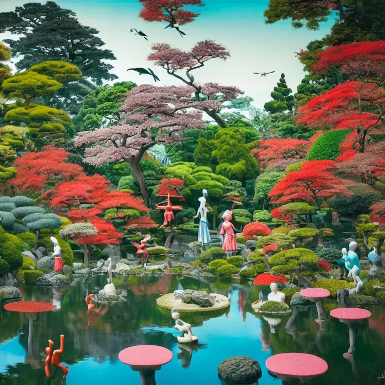 Prompt: Vibrant Japanese Garden by Hieronymus Bosch and James Jean, Ross Tran, Porcelain Japanese Mannequins, Sky by Damien Hirst, HD, very cohesive, symmetry, serenity, hypermaximalist, 8k, surreal oil painting, highly detailed, dream like, masterpiece