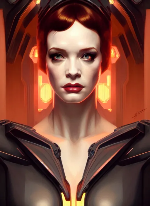 Prompt: symmetrical!! upper body!! bladerunner cyberpunk portrait of christina hendricks, beautiful face, highly detailed face!!!, extremely detailed!, digital painting, unreal engine 5, art by artgerm and greg rutkowski and alphonse mucha