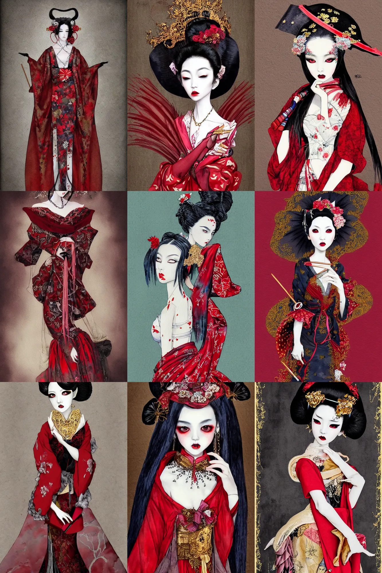 Prompt: watercolor painting avant - garde vogue fashion portrait of an japanese bjd geisha vampire queen with a long neck in a victorian lolitafashion red dress in the style of dark - fantasy painted by nekro, intricate detail, artstation, artgerm, rococo, gold leaf art