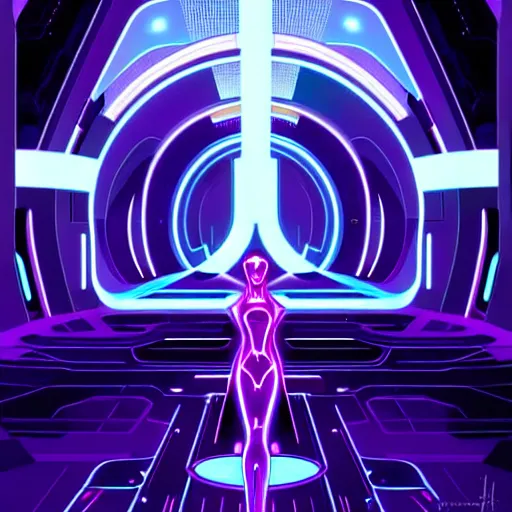 Prompt: Tron inspired character in the middle of the night in an abandoned space station, purple, sleek futuristic cityscape, blue, blacklight effects, neon lights, shimmery, glamorous, illuminated, glitch, vector drawing, illustration, art by Krenz Cushart and Artem Demura and alphonse mucha