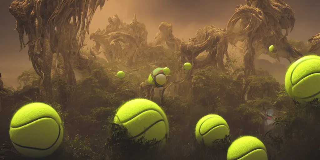 Prompt: a photo of 8 k ultra realistic tennis ball monsters, tennis ball monsters, alien exotic, cinematic lighting, trending on artstation, 4 k, hyperrealistic, focused, high details, unreal engine 5, cinematic, alien planet atmosphere in background, 3 d render by basil gogos