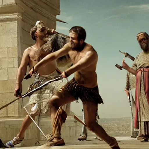 Prompt: film still of King David Slaying Goliath (2012)