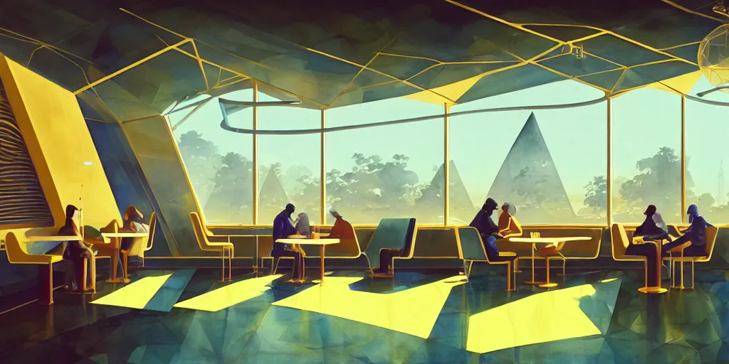 Image similar to a beautiful illustration of futuristic cafe interior, big medium small, sacred geometry, golden ratio, in watercolor gouache detailed paintings, in style of syd mead, trending on artstation, 8 k, panel, hard surface, vent, zaha hadid, props, plant, cozy, decoration around the room, simon stalenhag, deus ex