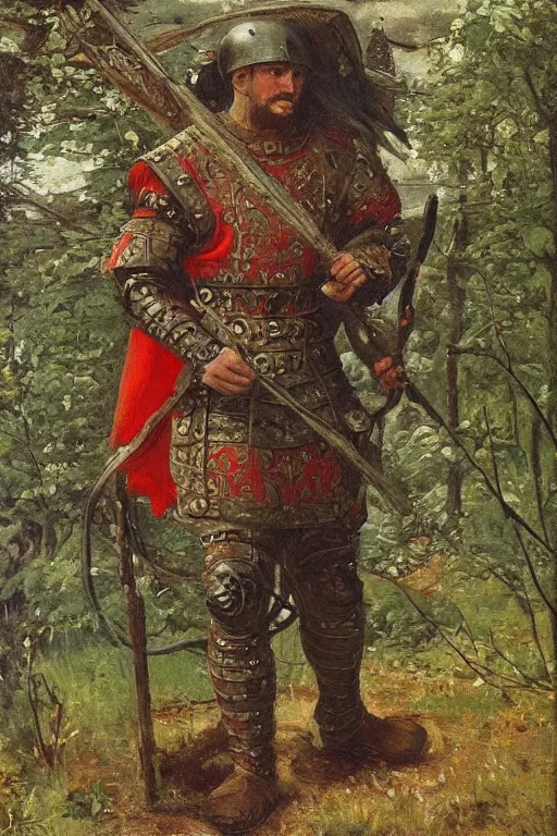 Image similar to Heroic medieval man adidas armor, beautiful russian nature, painting by vasnetsov