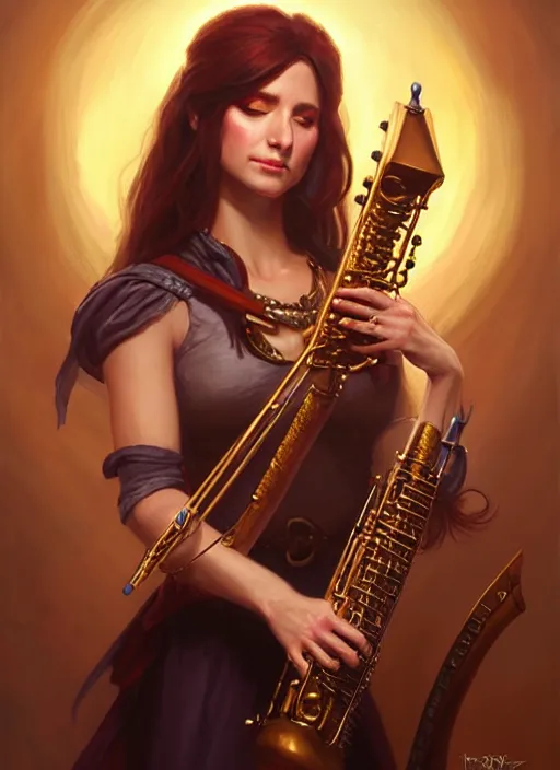 Prompt: a _ fantasy _ style _ portrait _ painting _ of female charismatic bard playing instrument, rpg dnd oil _ painting _ unreal _ 5 _ daz. _ rpg _ portrait _ extremely _ detailed _ artgerm _ greg _ rutkowski _ greg