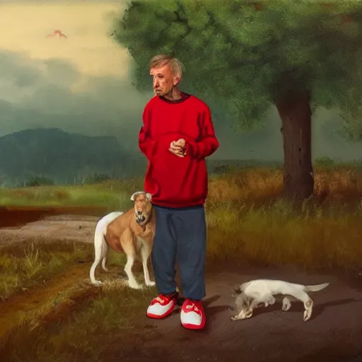 Image similar to a man in cheap and red used sportswear. he is smoking a cigarette. he is sitting on a dead dog. he is on the side of the road. he is wearing slippers. it is a rural scene, in poor village, dramatic lighting, hyper detailed, surreal, hyperrealism, oil painting