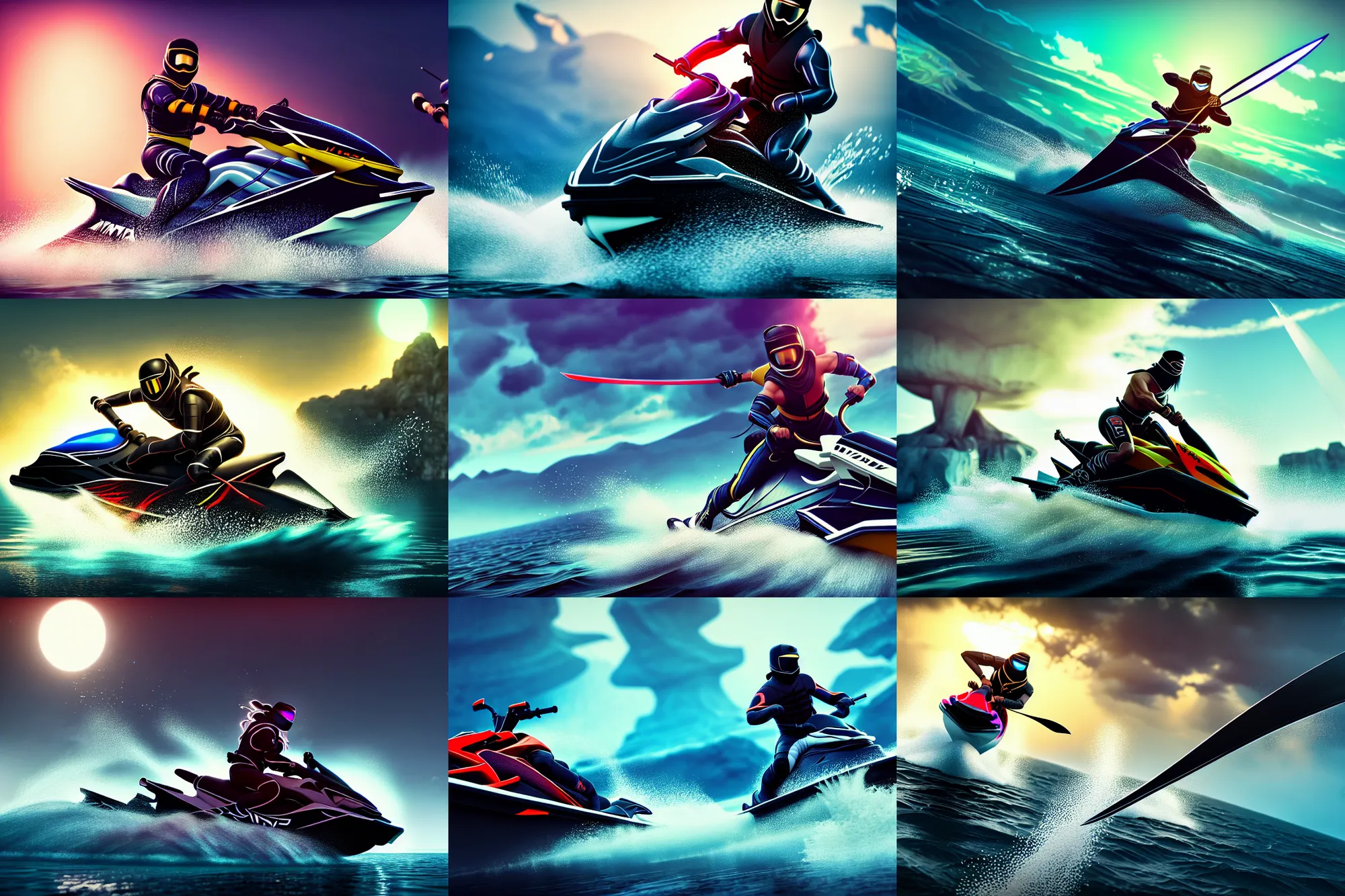 Prompt: full body drawing of a [ ninja riding jetski wearing a katana ], intricate, epic lighting, cinematic composition, hyper realistic, 8 k resolution, unreal engine 5, by artgerm, tooth wu, dan mumford, beeple, wlop, rossdraws, james jean, andrei riabovitchev, artstation