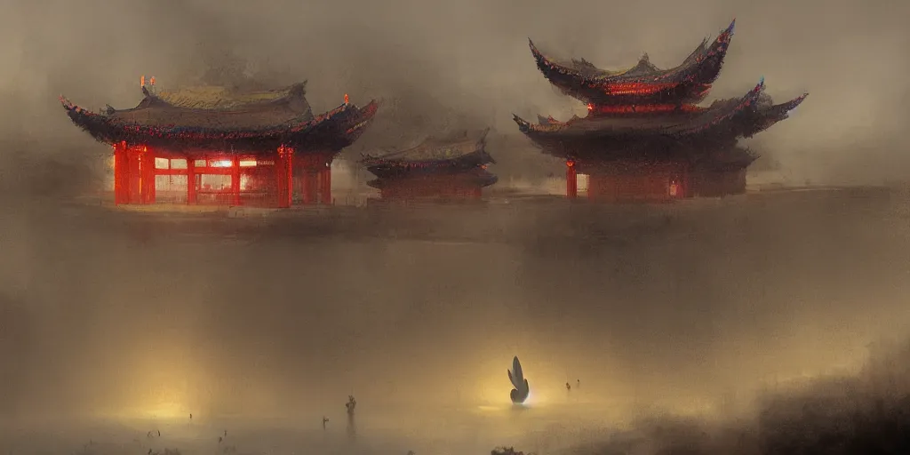 Prompt: on a foggy morning, cloudy day, a giant glowing butterfly inhabits an ancient chinese building above the ocean, by craig mullins