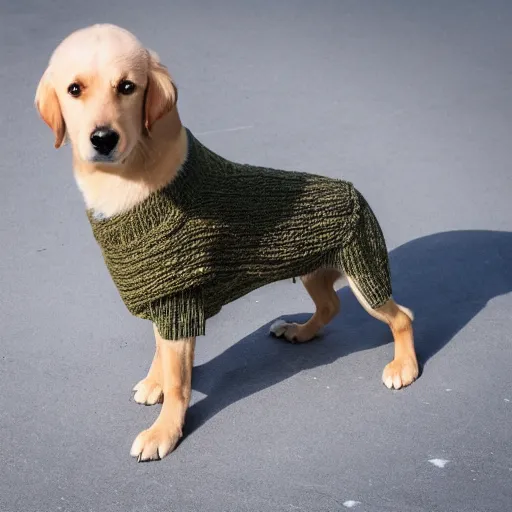 Image similar to cute goldador dog, professional photography, ultra detail, realistic, wearing a knit sweater