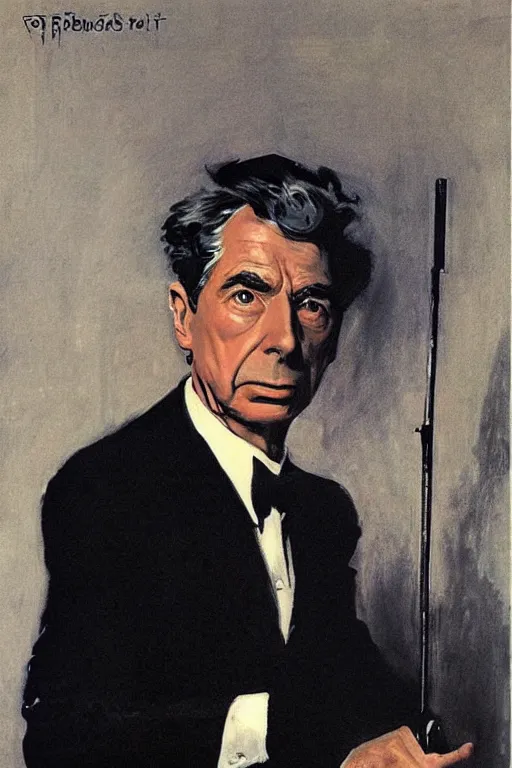 Image similar to “portrait of Bertrand Russell as James Bond, by Robert McGinnis”