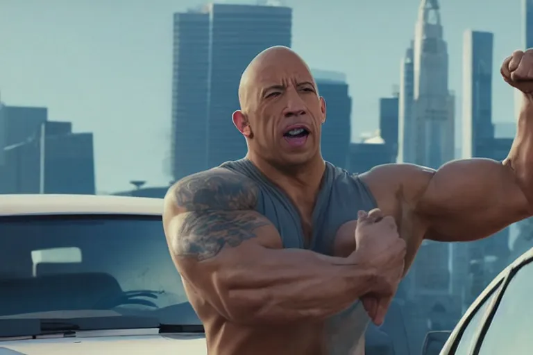 Prompt: vin diesel as dwayne johnson flexing and yelling let's go!, fast furious, low isometric perspective, cinematic still, movie still, long lens, shallow depth of field, bokeh, anamorphic lens flare, 8 k, hyper detailed, 3 5 mm film grain