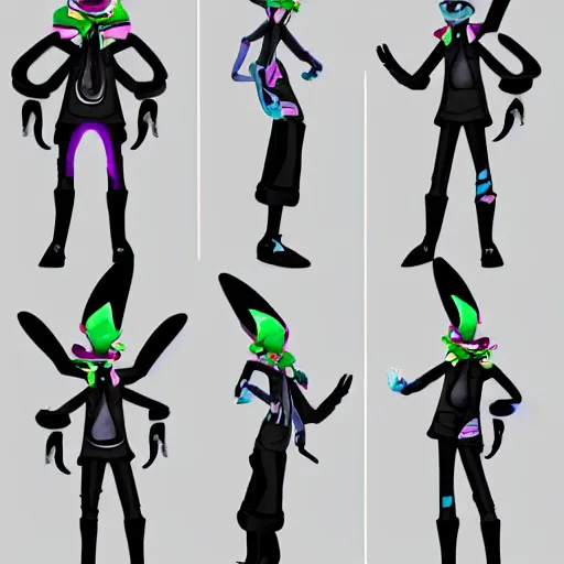 Image similar to character design sheets for a nonbinary androgynous gothic manta ray person who sells empty spray paint cans as a scam and is always covered in paint and clay and acting shady, designed by splatoon nintendo, inspired by tim shafer psychonauts 2 by double fine, cgi, professional design, gaming