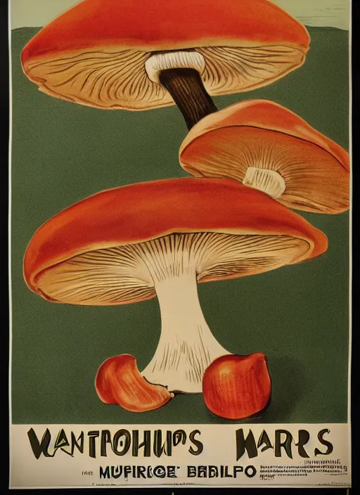 Image similar to a vintage poster of mushrooms