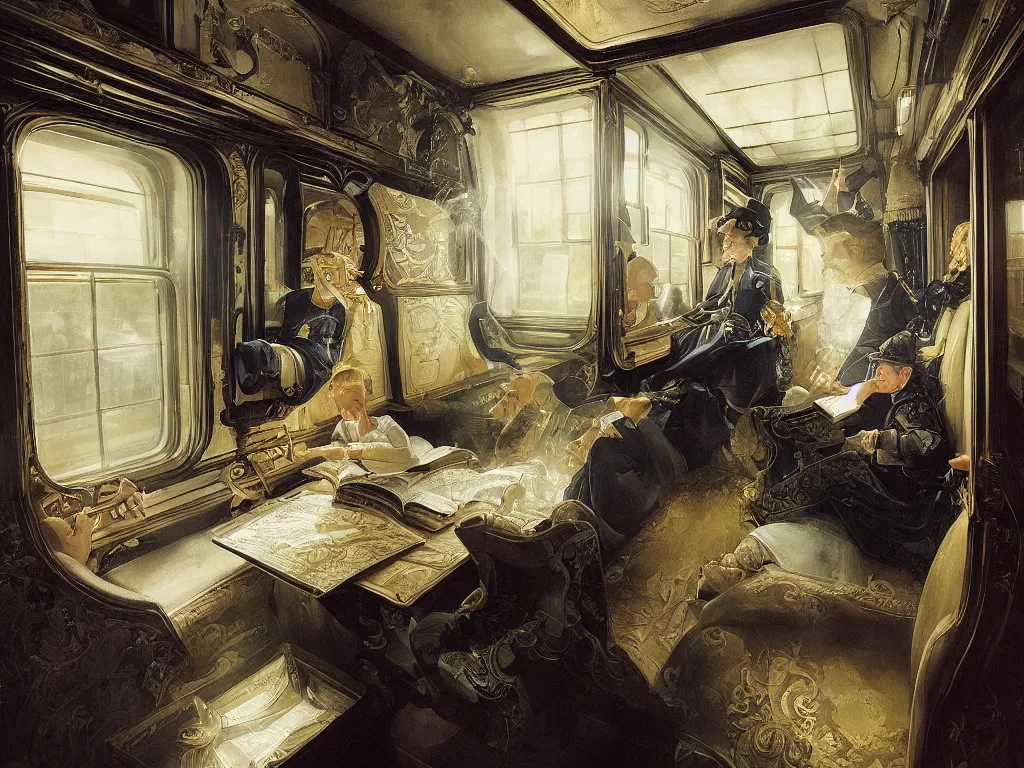 Prompt: detailed painting of a magical book laying open on the seat of a train car by Pieter Claesz and Krenz Cushart, fantasy, dramatic light