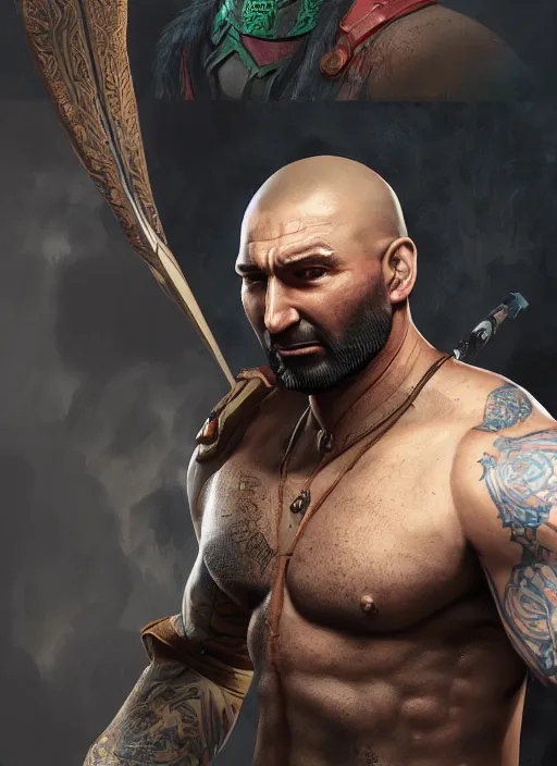 Image similar to A fantasy comic book style portrait painting of Dave Bautista as a archer, unreal 5, DAZ, hyperrealistic, octane render, RPG portrait, dynamic lighting