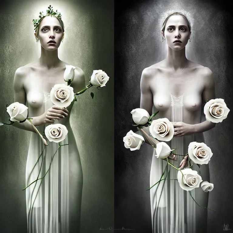 Image similar to professional digital art of wonderful symmetrical goddess with a majestic semi transparent white roses cotton dress, atmospheric light, dramatic lighting, cinematic, painted, intricate, detailed, foreboding, by art by meredit frampton and gregory crewdson, epic, stunning, gorgeous, much wow, cinematic, masterpiece.