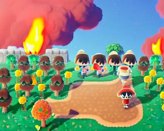 Image similar to animal crossing village on fire, sylvain sarrailh