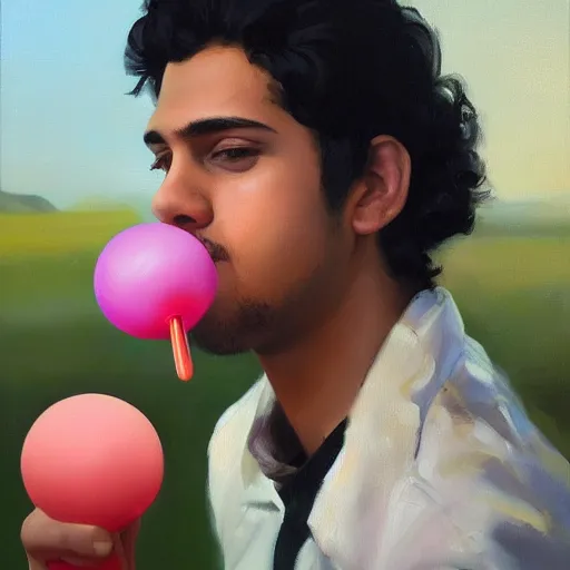 Prompt: oil painting by ilya kuvshinov,, baugh casey, rhads, coby whitmore, of a youthful persian - indian college student, male, curly black hair, holding lolipop, outdoors, highly detailed, breathtaking face, studio photography, dawn, intense subsurface scattering, blush, supple look, innocence, intense sunlight