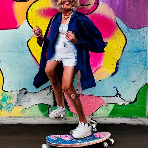 Image similar to a portrait of a fashionable gran on a skateboard in los angeles, in the style of david lachapelle