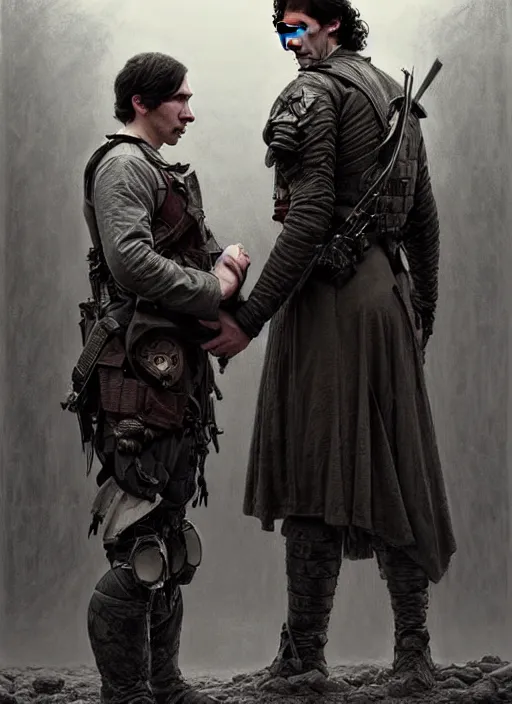 Image similar to portrait of adam driver helping a wounded john oliver, standing together, stoic, full body, military uniform, battle, war, fantasy, intricate, elegant, beautiful, highly detailed, charcoal, centered, dark, smokey, digital painting, artstation, art by artgerm, art by greg rutkowski, art by alphonse mucha