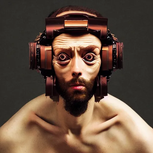 Image similar to Colour Caravaggio and DaVinci style full body portrait Photography of Highly detailed Man with 1000 years old perfect face wearing highly detailed sci-fi VR headset designed by Josan Gonzalez. Many details In style of Josan Gonzalez and Mike Winkelmann and andgreg rutkowski and alphonse muchaand and Caspar David Friedrich and Stephen Hickman and James Gurney and Hiromasa Ogura. Rendered in Blender and Octane Render volumetric natural light