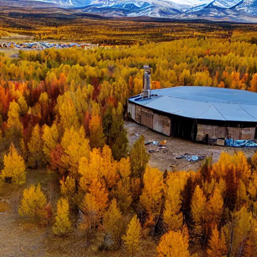 Prompt: post - apocalyptic gypsy cyber camp in autumn colorado top view