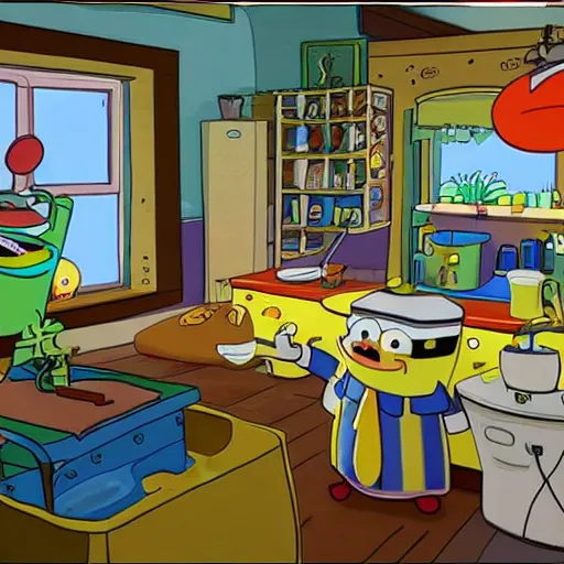 Image similar to Scenes from Spongebob square pants , inside of his house , but instead , make him a dish washing sponge