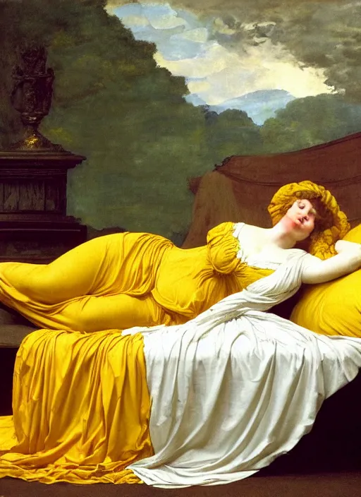 Image similar to masterpiece portrait of lady reclining on bed, rococo flowing cloth in wind raising twisting rising sheets floating in wind flying, wearing yellow ochre ornate medieval dress, vertical, foreshortening, colour photography by frederic leighton, william morris, 8 k